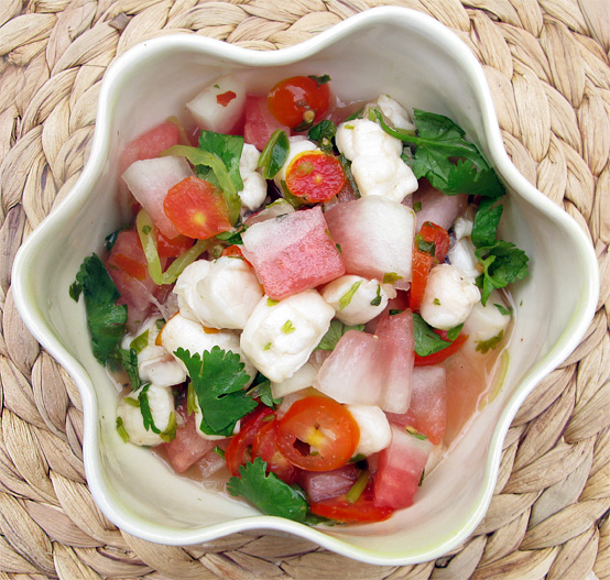 Wow! watermelon and scallop ceviche., Honest Fare by Gabrielle Arnold
